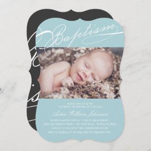 Invitation Photo bleue de baptême de croix préétablie de