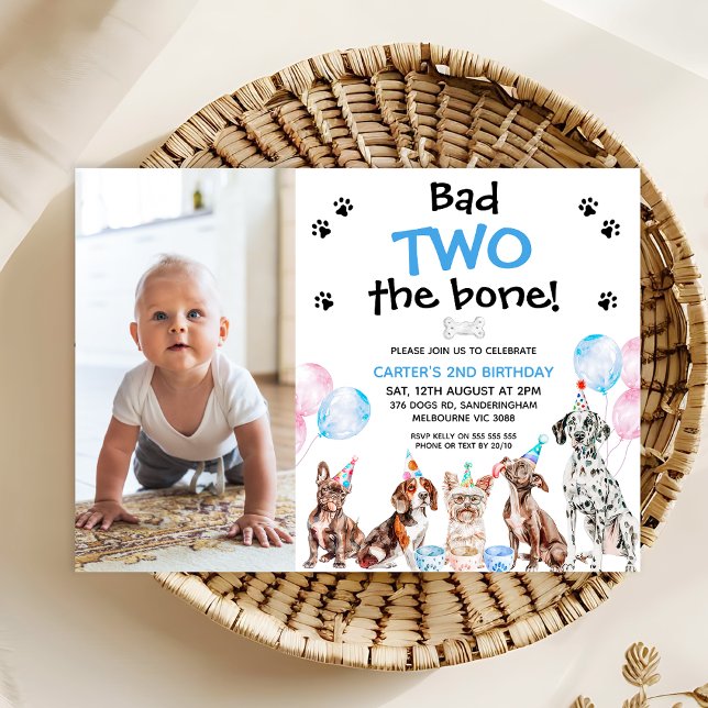Invitation Photo Blue Bad Two The Bone Dogs 2e anniversaire (Bad To The Bone Birthday Invitation For Boy, Dog Themed Birthday Invitation Template with Photo, )