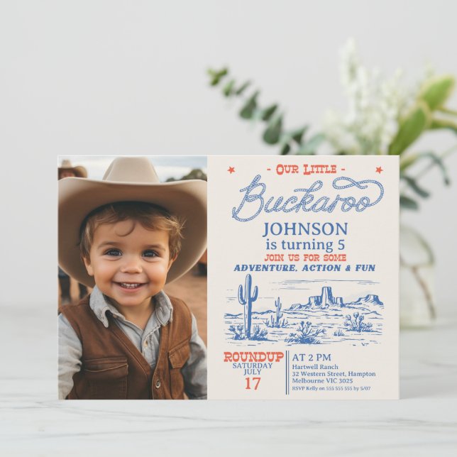 Invitation Photo Blue Cowboy Little Buckaroo Anniversaire (Debout devant)
