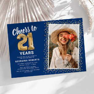Invitation Photo Blue Gold 21st Birthday