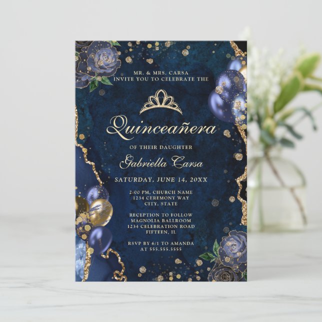 Invitation Photo Blue Gold Floral Agate Quinceanera (Debout devant)