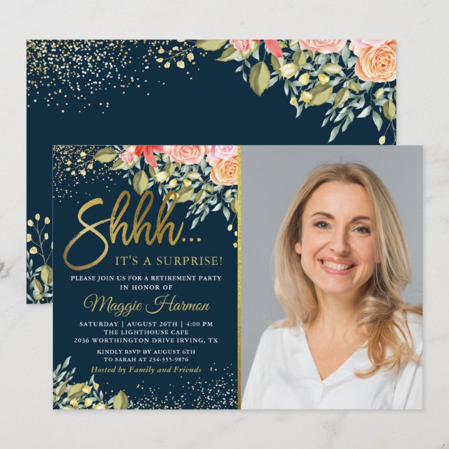Invitation Photo Blue Gold Floral Surprise Retraite Party (Devant / Derrière)