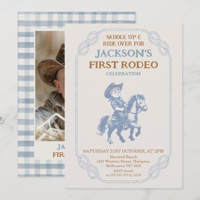 Invitation Photo Blue Grey Cowboy Premier Rodéo 1er Anniversa (Devant / Derrière)