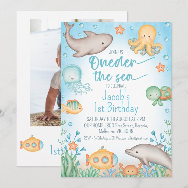 Invitation Photo Blue Ocean Oneder The Sea 1er Anniversaire (Devant / Derrière)