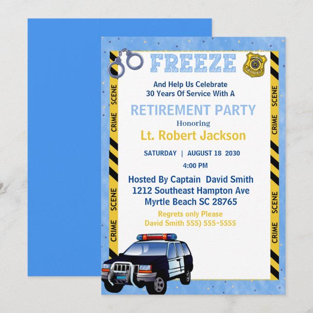 Invitation Photo Blue Police Agent Parti de retraite (Devant / Derrière)