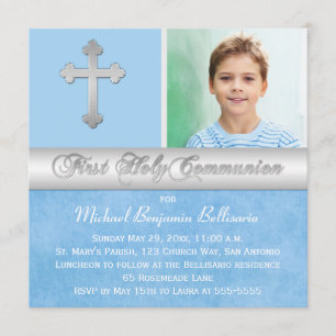 Invitation photo Blue Silver First Holy Communion