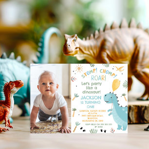 Invitation Photo Blue Stomp Chomp Roar Dinosaur 1er anniversa