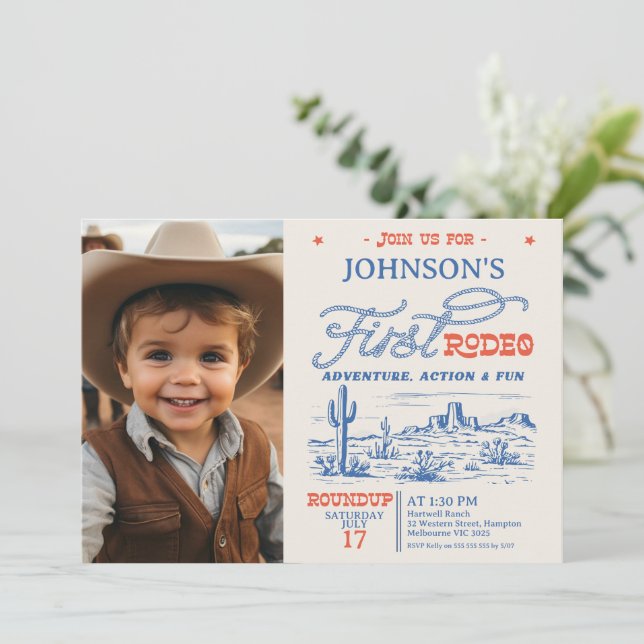 Invitation Photo Blue Western Desert Rodeo 1er anniversaire (Debout devant)