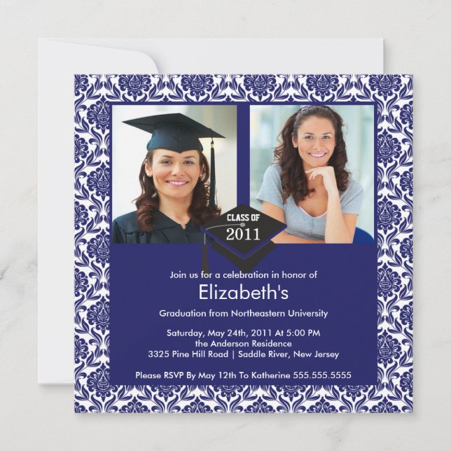 Invitation photo Blue & White Damask (Devant)