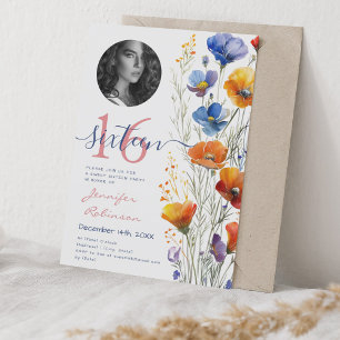 Invitation PHOTO Boho Aquarelle Fleur sauvage Sweet 16 Party