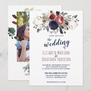 Invitation Photo Boho Burgundy Navy Mauve Floral Mariage