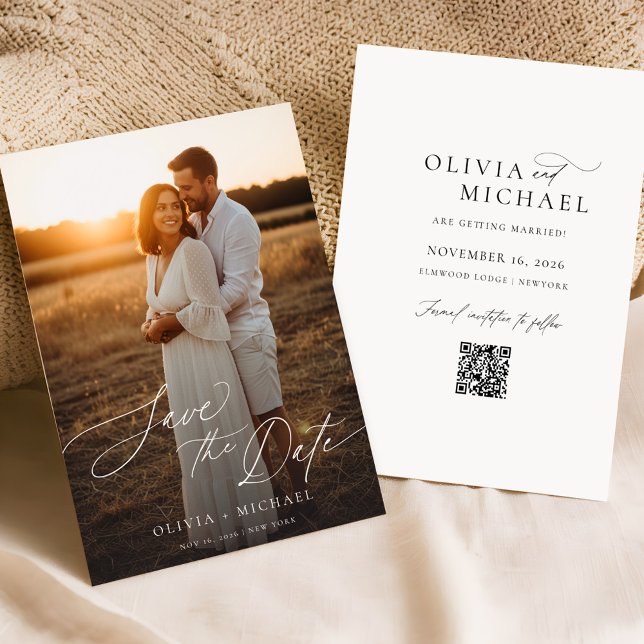 Invitation Photo Boho Elegant Moderne QR Code Enregistrer la  (Créateur téléchargé)