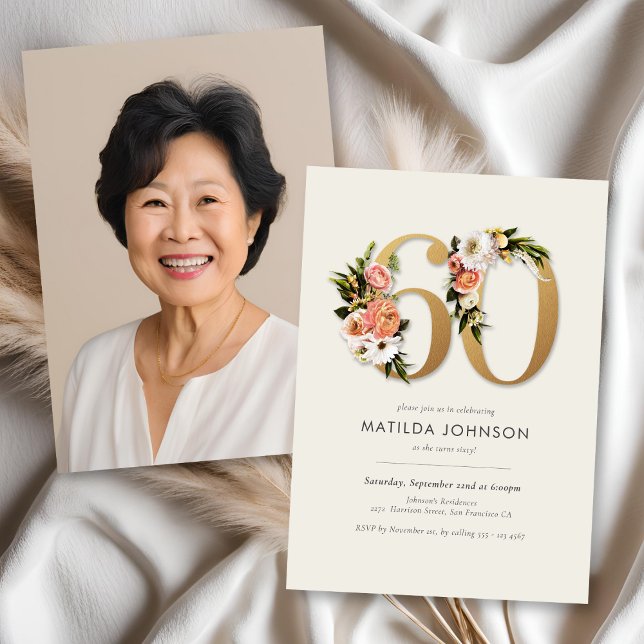Invitation Photo Boho Floral 60e anniversaire (Photo Boho Floral 60th Birthday Invitation)