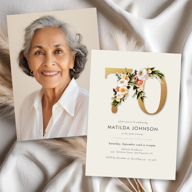 Invitation Photo Boho Floral 70e anniversaire (Photo Boho Floral 70th Birthday Invitation)