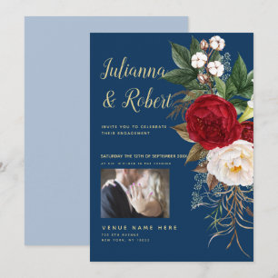 Invitation Photo Boho Navy Blue and Burgundy Floral