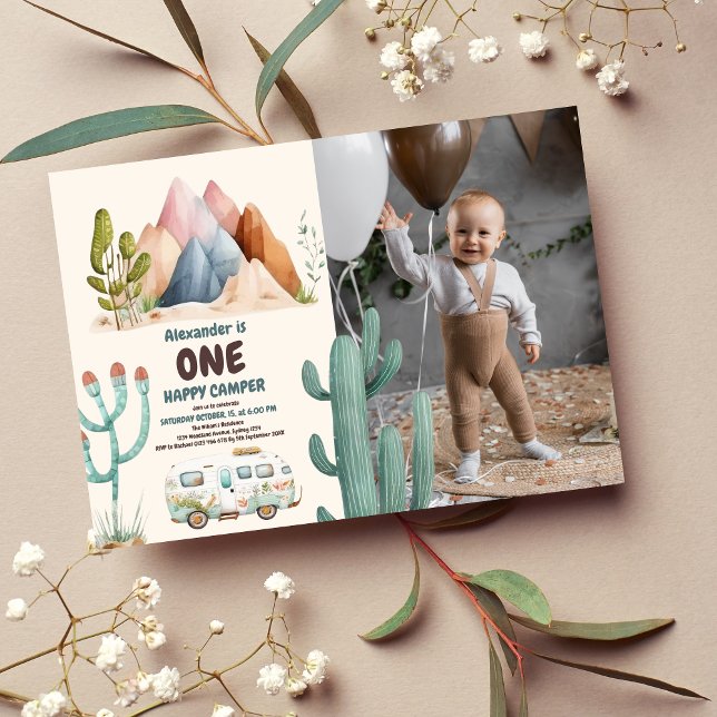 Invitation Photo Boho One Happy Camper 1st Birthday Party (Créateur téléchargé)