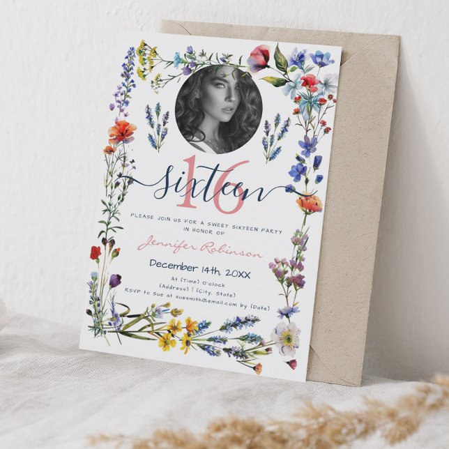 Invitation PHOTO Boho Pressé Fleur sauvage doux 16 Anniversai (PHOTO Boho Pressed Wildflowers Sweet 16 Birthday Invitation)