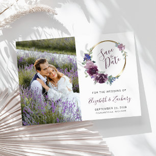Invitation Photo Boho Purple Floral Gold Frame Enregistrer la