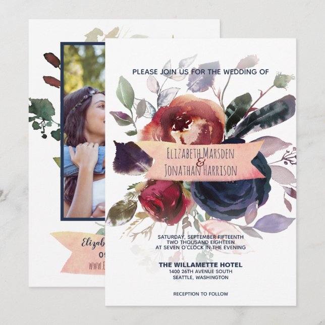Invitation Photo Boho Rose Gold Burgundy Marine Floral Mariag (Devant / Derrière)