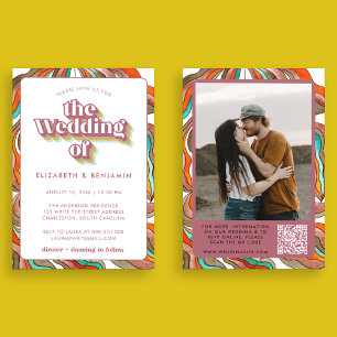 Invitation Photo Boho Super rétro QR Code Pink Wavy Mariage