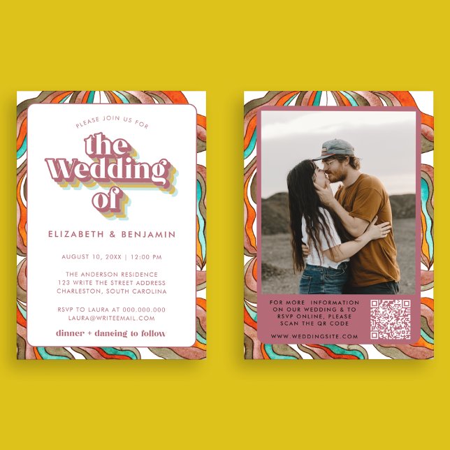 Invitation Photo Boho Super rétro QR Code Pink Wavy Mariage (Front and Back)