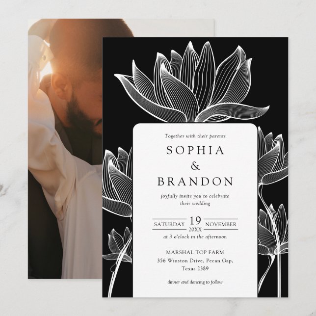 Invitation Photo Botanique Florale Mariage noir et blanc (Devant / Derrière)