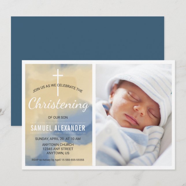 Invitation Photo Boy Christening, Aquarelle Bleu et Or (Devant / Derrière)