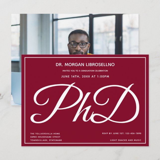 Invitation Photo Burgundy Fête de l'obtention du doctorat (Devant / Derrière)