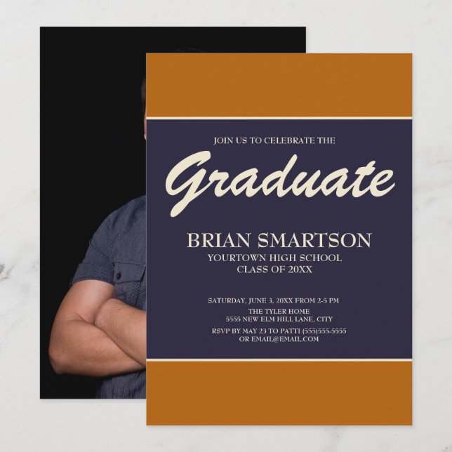Invitation Photo Burnt Orange Navy Blue Graduation Party (Devant / Derrière)