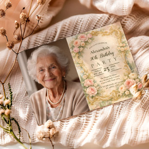 Invitation Photo Cadre Élégant Baroque Floral 90e Anniversair