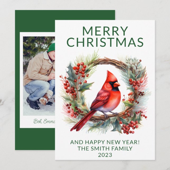 Invitation Photo Cardinal Wreath Green Holiday Card (Devant / Derrière)