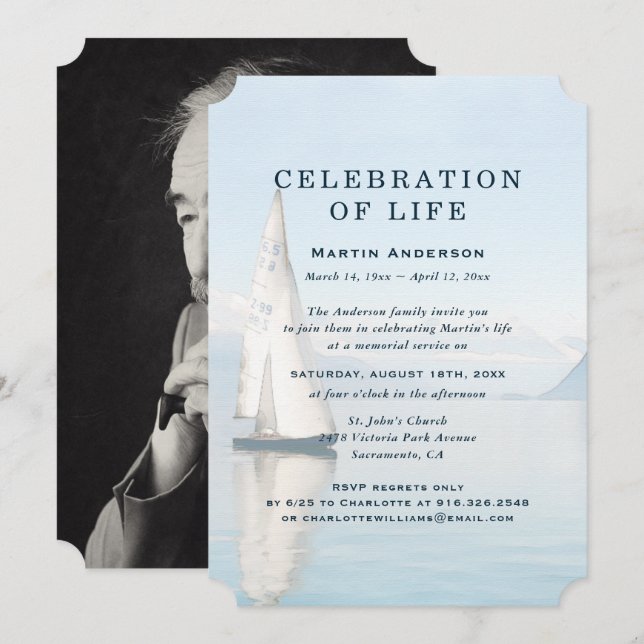 Invitation Photo Célébration de la vie de la voile nautique (Devant / Derrière)
