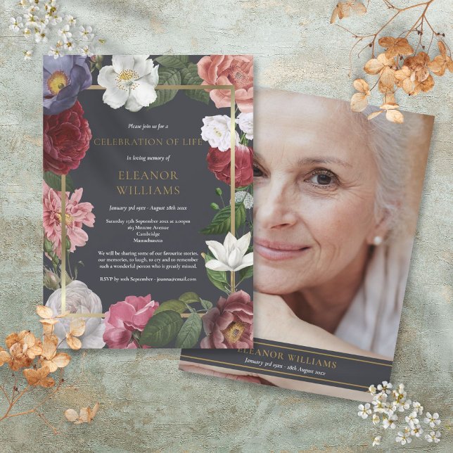 Invitation Photo Célébration de la vie Rose funéraire Floral (Photo Celebration of Life Funeral Rose Floral Invitation)