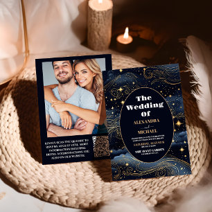 Invitation Photo Céleste Nuit Bleue Étoiles Lune Mariage