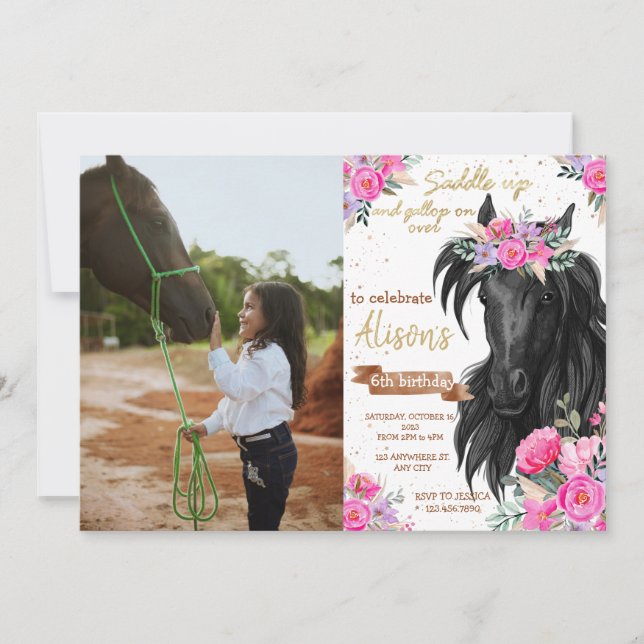 Invitation Photo cheval anniversaire petite cowgirl selle up (Devant)