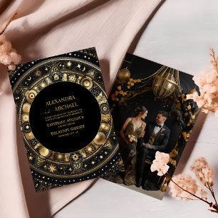 Invitation Photo Chic Mystique Noir Lune de Mariage Or