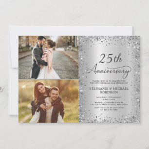 Invitation Photo chic pailleté argent 25e anniversaire de mar