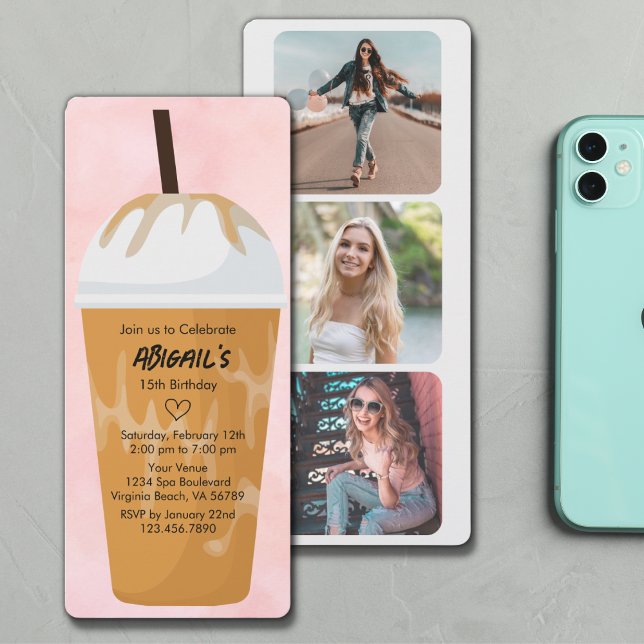 Invitation Photo Chic Tendance Blush Pink Iced Café Anniversa (Créateur téléchargé)