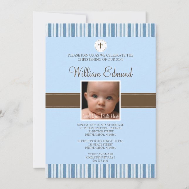Invitation photo Christening Blue Stripe - Garçon (Devant)