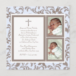 Invitation Photo Christening Soft Blue et Brown Paisley