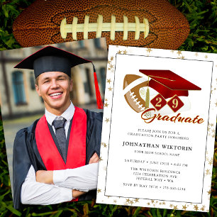 Invitation Photo Classic Graduation Cap Red Gold Football