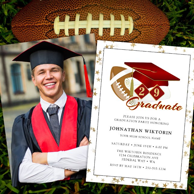 Invitation Photo Classic Graduation Cap Red Gold Football (Classic Graduation Cap Red Gold Football Photo Invitation)