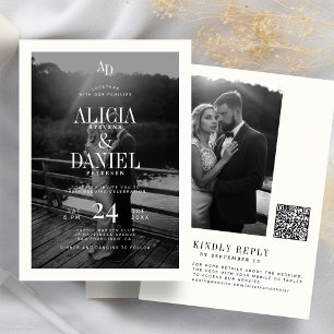 Invitation Photo classique code QR noir et ivoire RSVP mariag