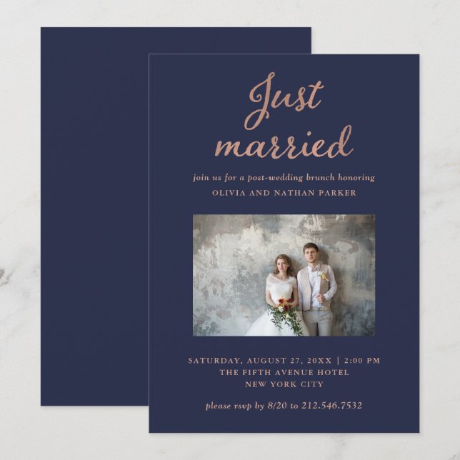 Invitation Photo Classique | Mariés Navy et Rose Gold (Devant / Derrière)