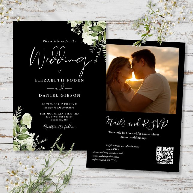 Invitation Photo Code QR Vert Mariage noir et blanc (Greenery QR Code Photo Black And White Wedding Invitation)