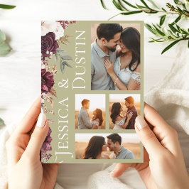 Invitation Photo Collage Bourgogne Floral Sage Green Mariage