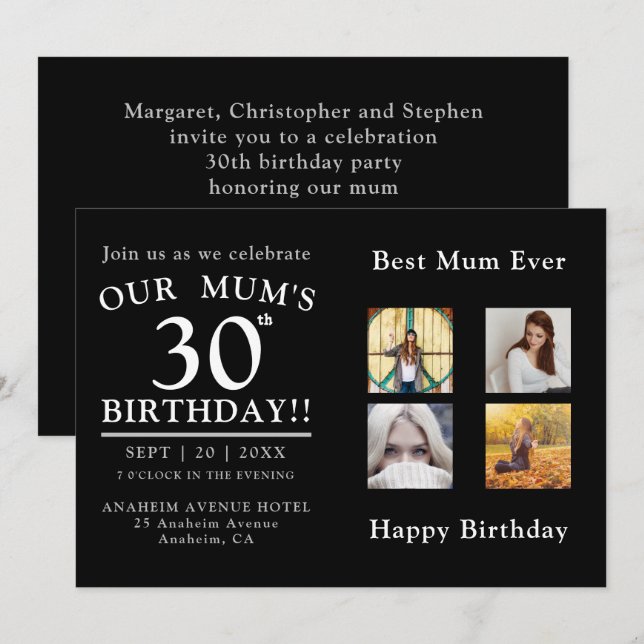 Invitation Photo Collage Fête du 30e anniversaire de maman (Devant / Derrière)