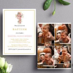 Invitation Photo Collage Floral Cross Gold Script Baptême