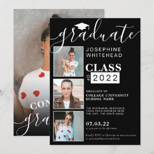 Invitation Photo Collage Modern Graduation Party Black 2022
