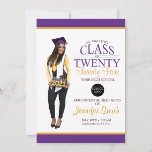 Invitation Photo complète personnalisée Purple et Gold Gradua